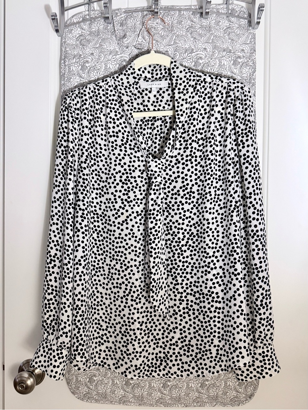 Black and White Polka Dot Tie-Neck Blouse